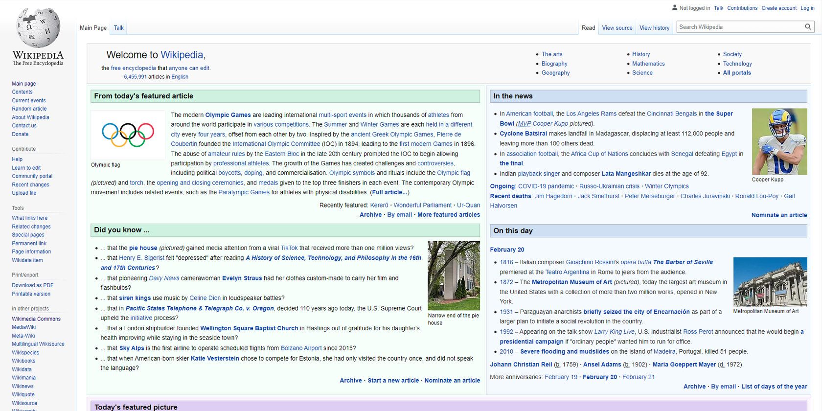 Wikipedia homepage for 20 Feb 2022