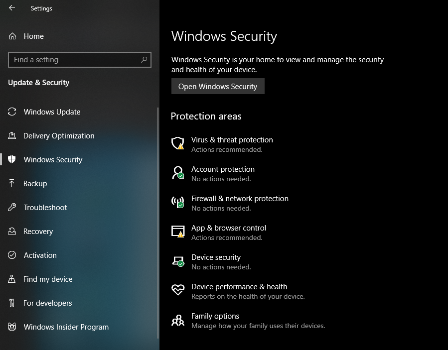 Windows Security Settings Window