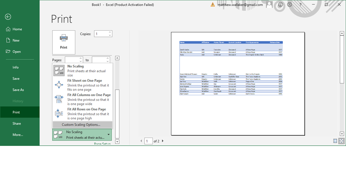 Print setup in Excel.