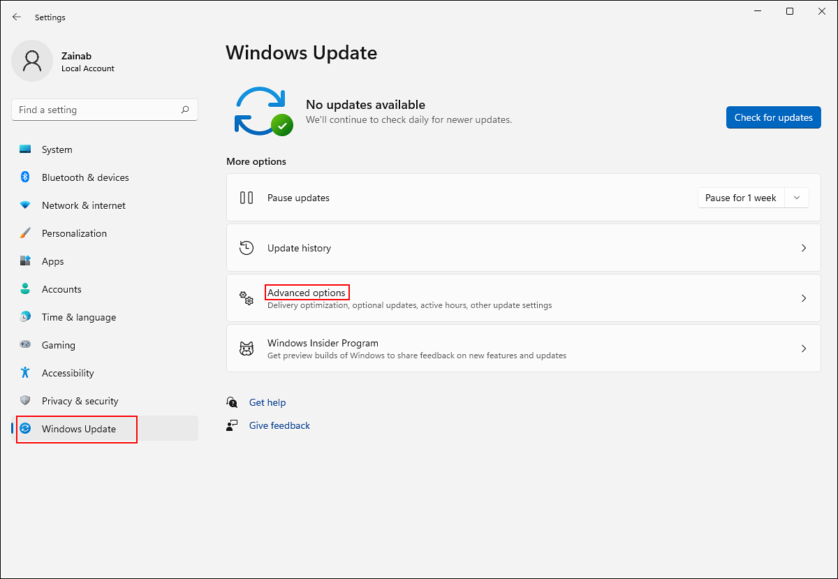 Choose the Advanced Options in Windows Update section
