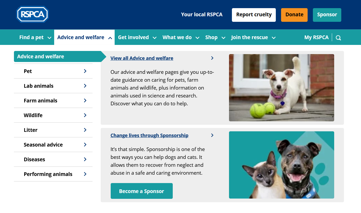 Advice and Welfare Tab on RSPCA Website