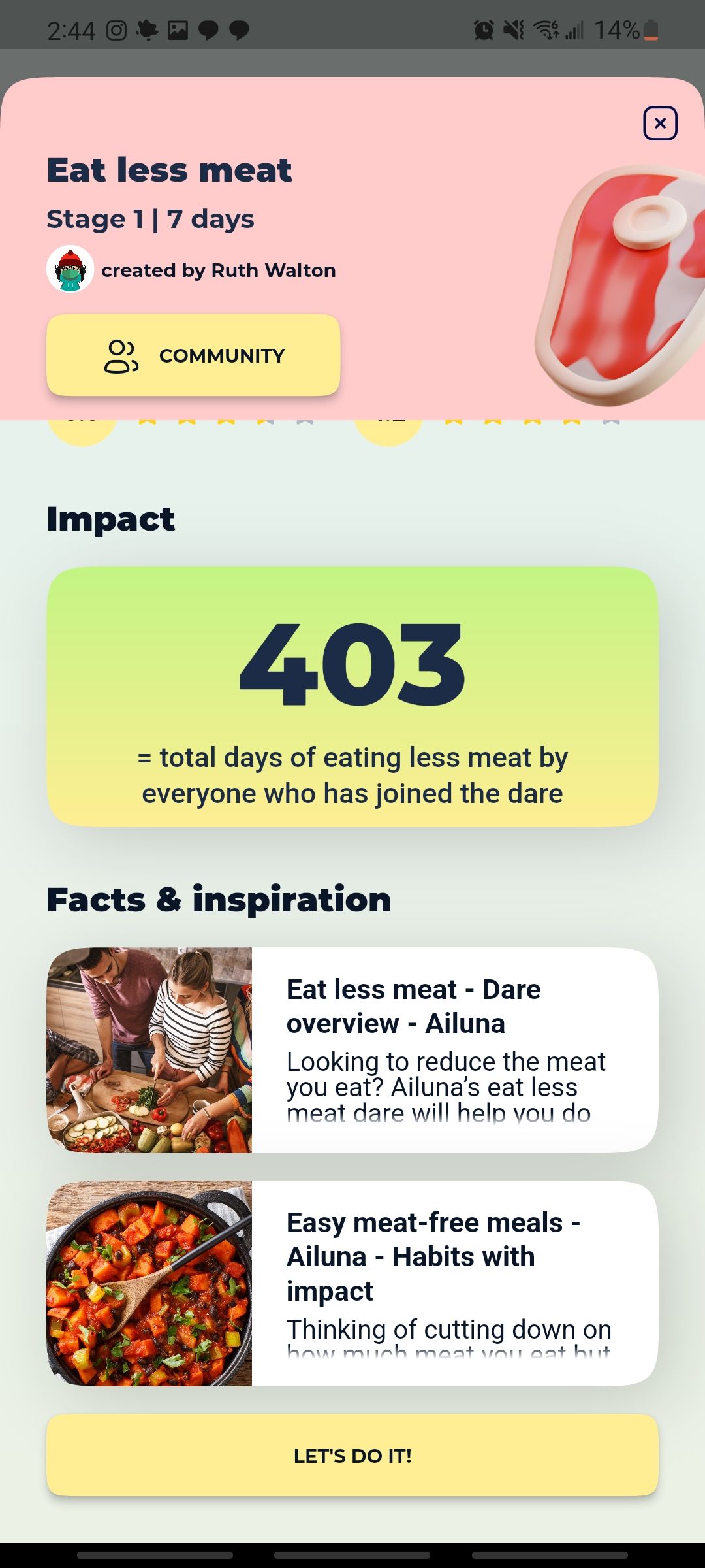 ailuna app dare of eating less meat, showing the sustainability impact