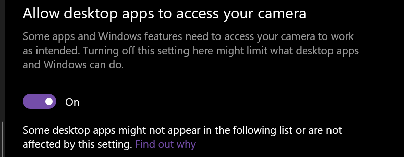 allow desktop apps to access you camera menu in Windows