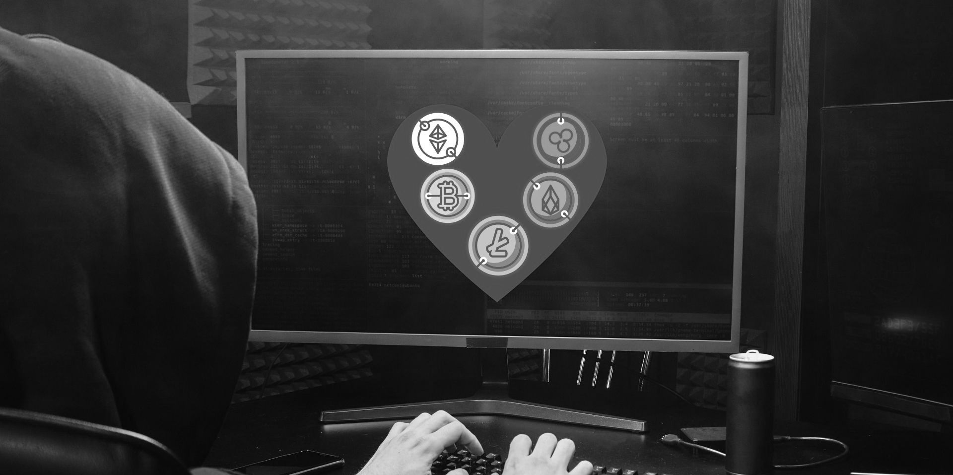 computer screen with hearts and crypto icons