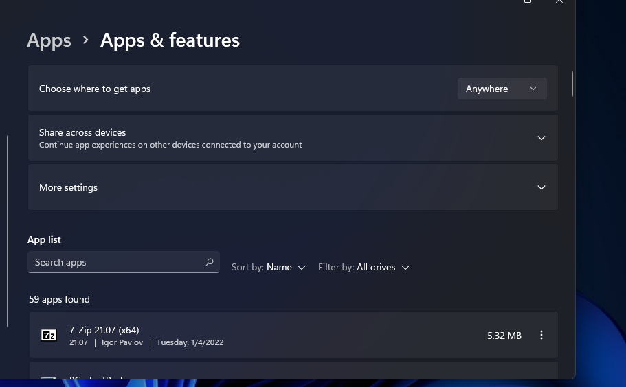 The Apps & features tab 
