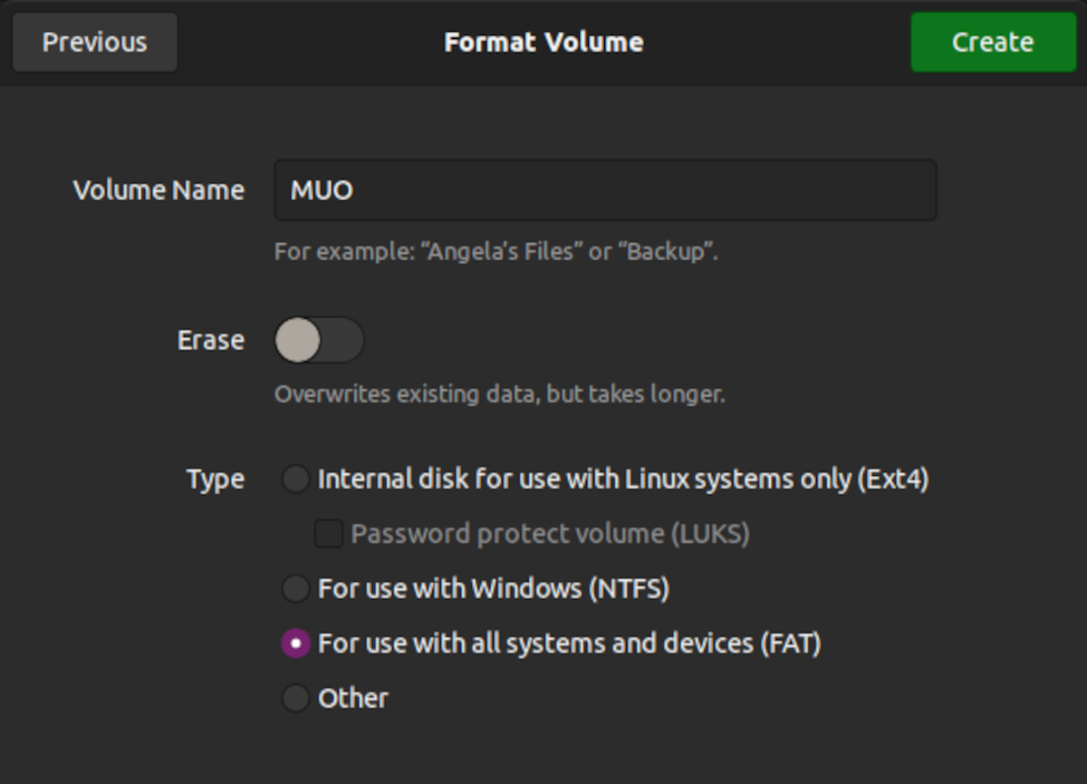 assign file system and volume name to usb drive