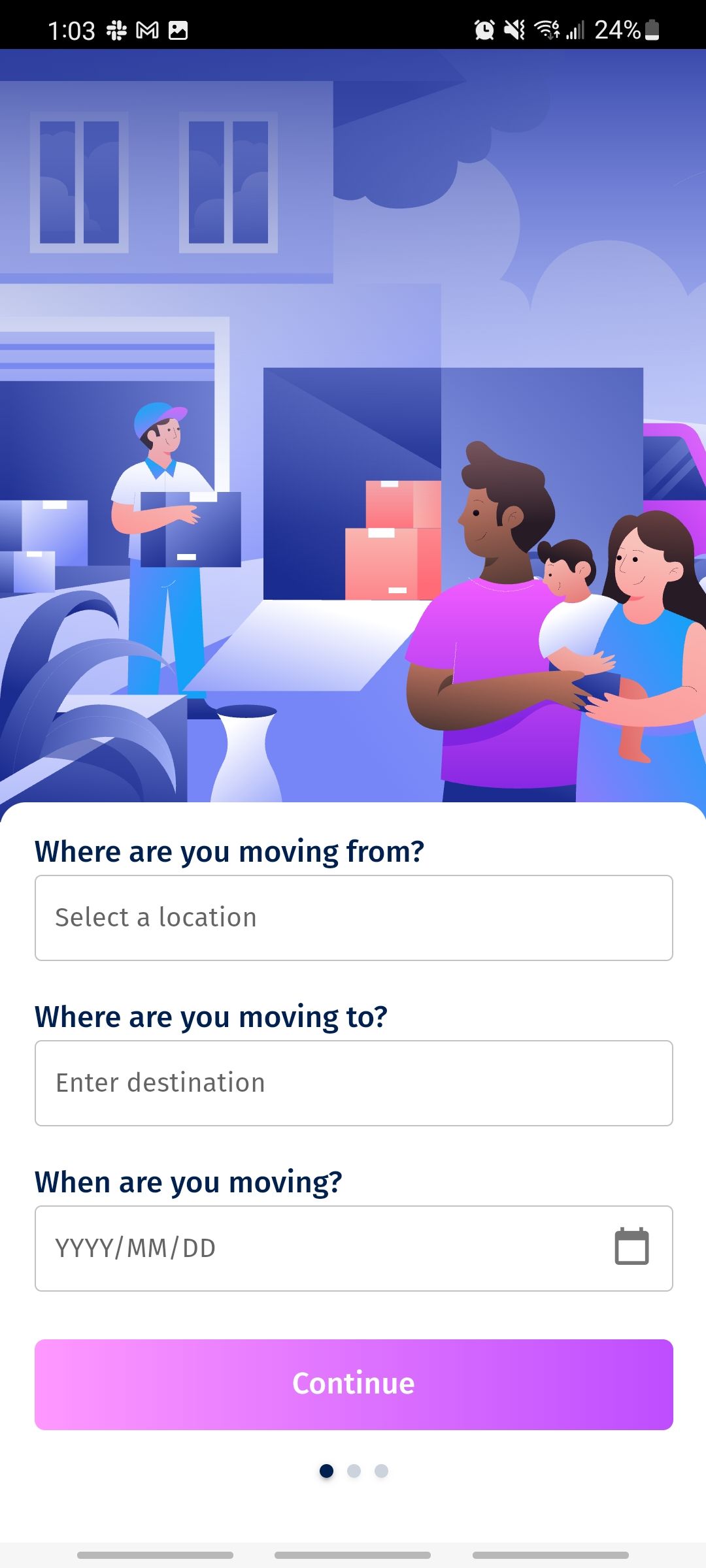 avvinue app asking where you're moving from and to, and when