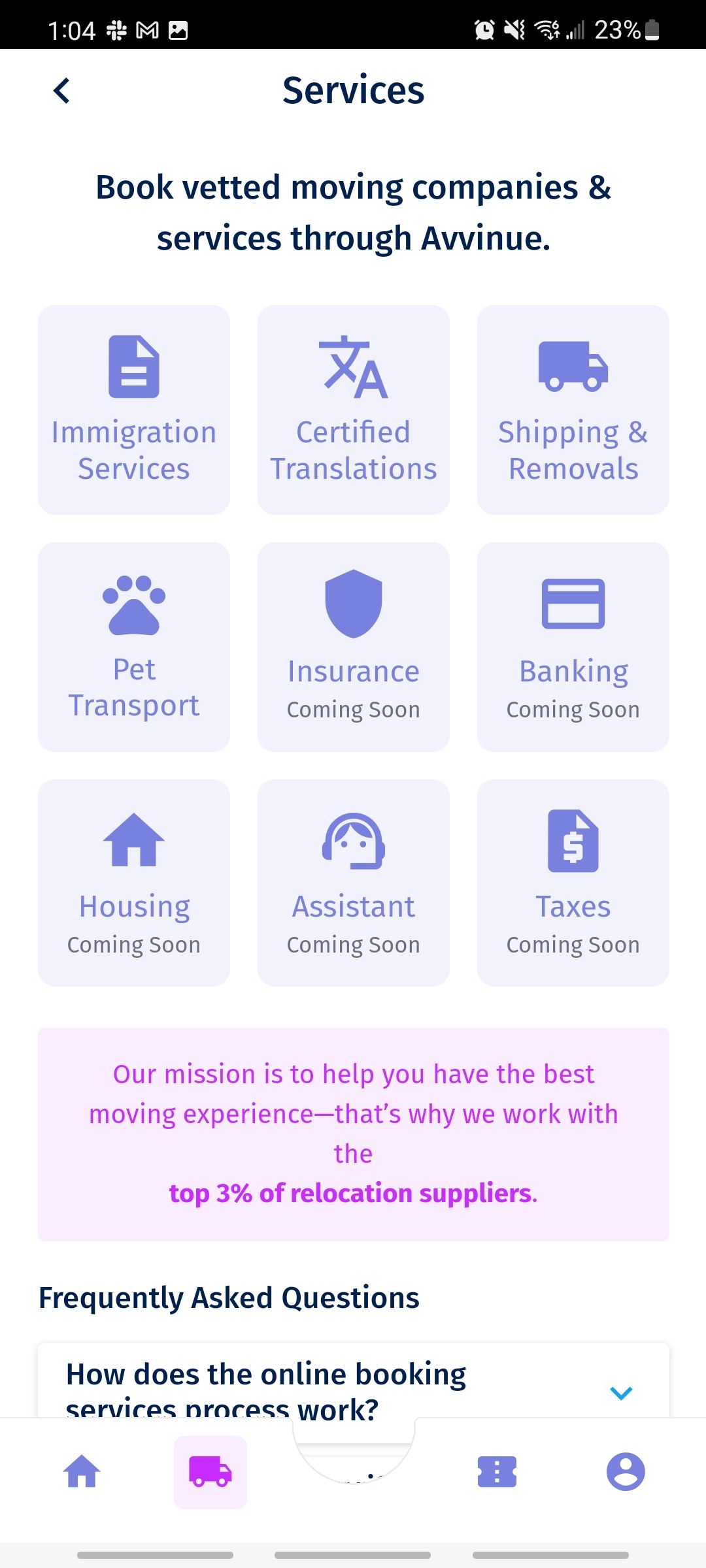 avvinue app moving services screen