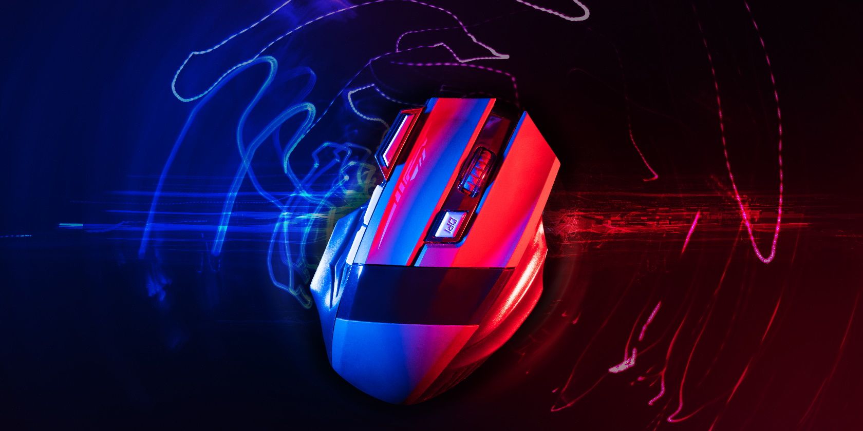 Top view of Professional wireless Game Mouse With hitech red and blue backgroud ; hight contrast