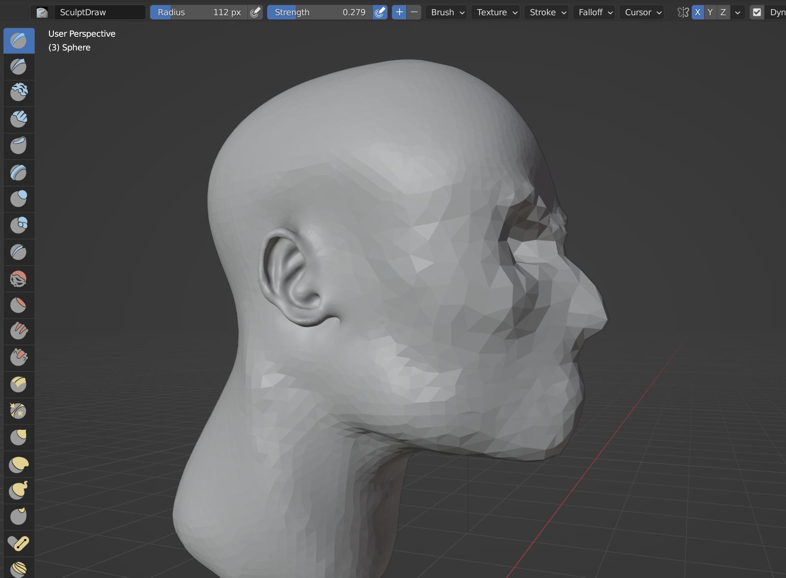 A low-poly head with a high-poly ear.