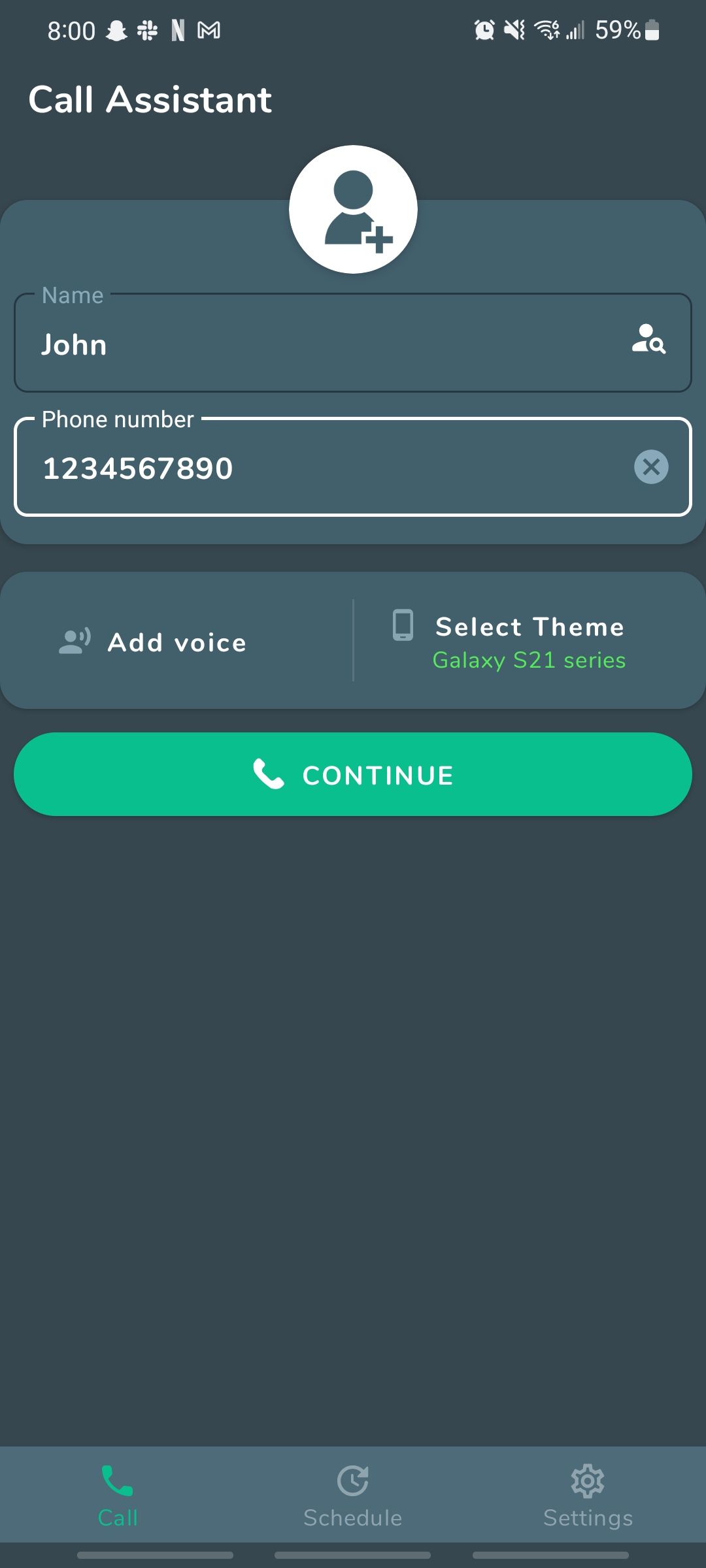 call assistant app setting the fake call name and number
