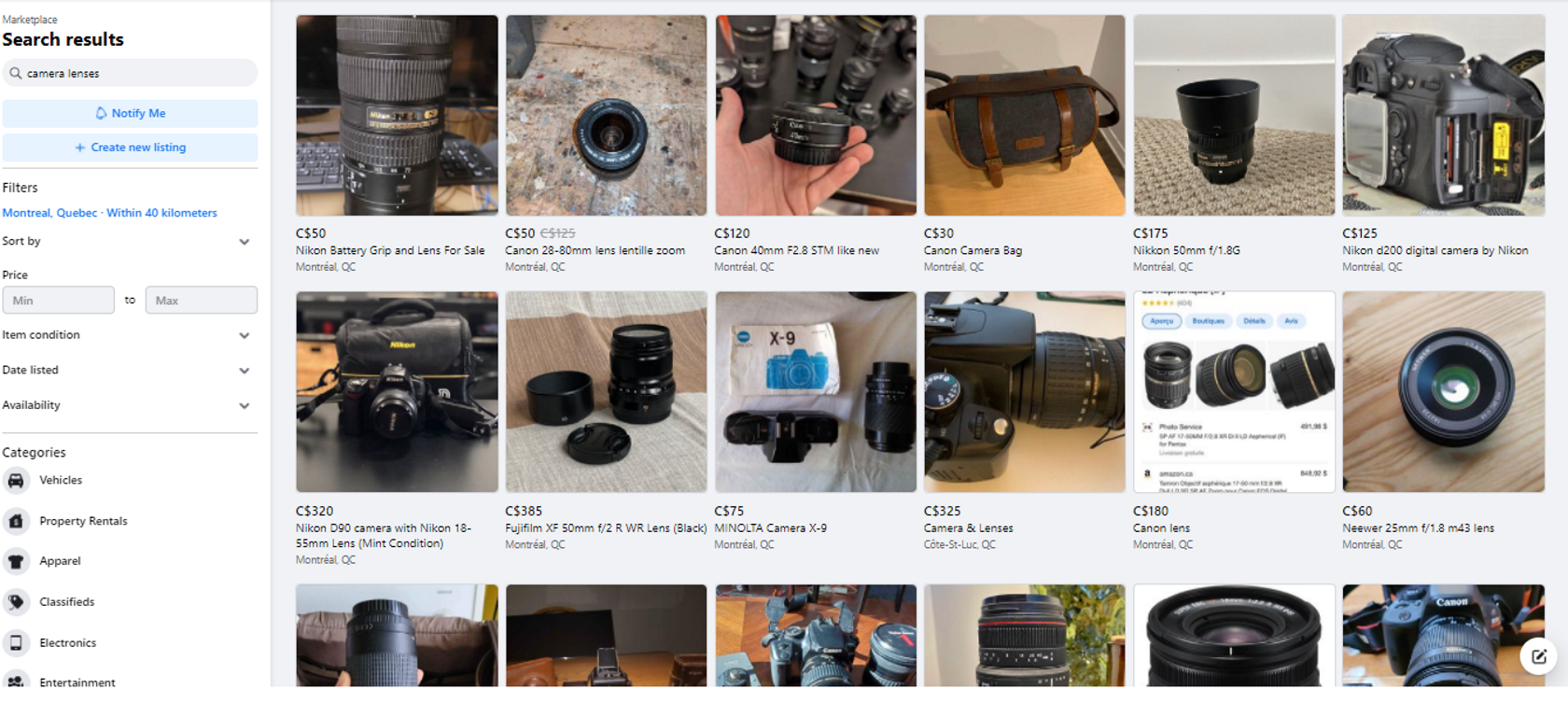 camera lenses for sale on Facebook Marketplace