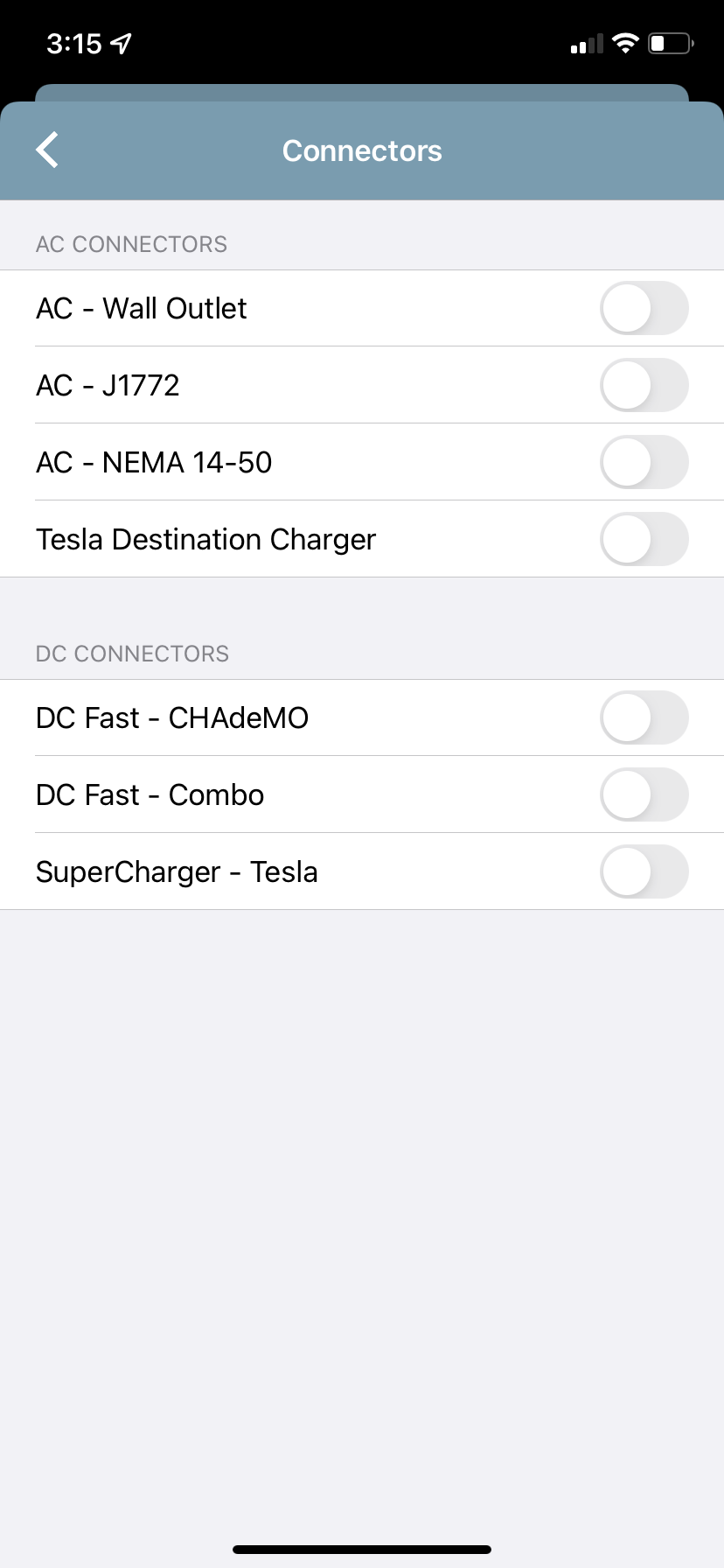 connector filters on chargepoint app ios