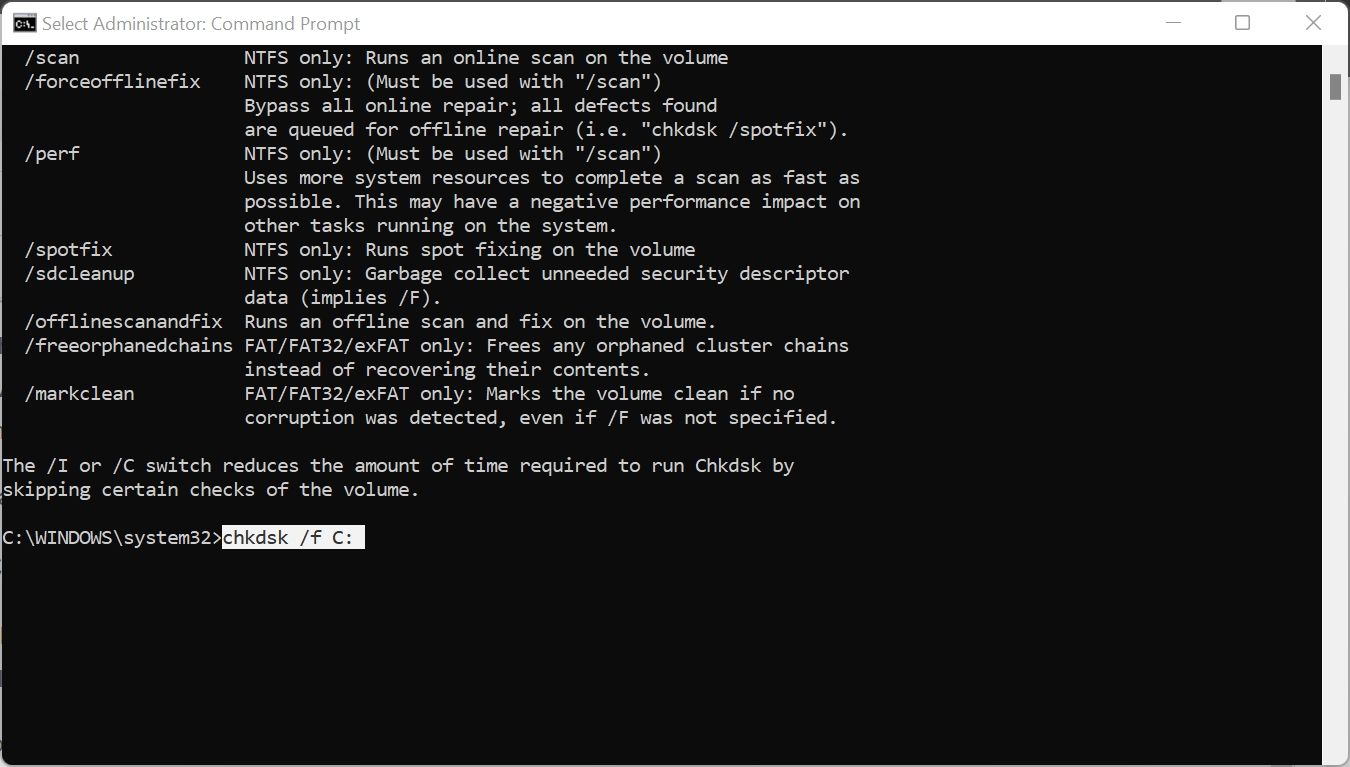 The CHKDSK command in the Command Prompt.