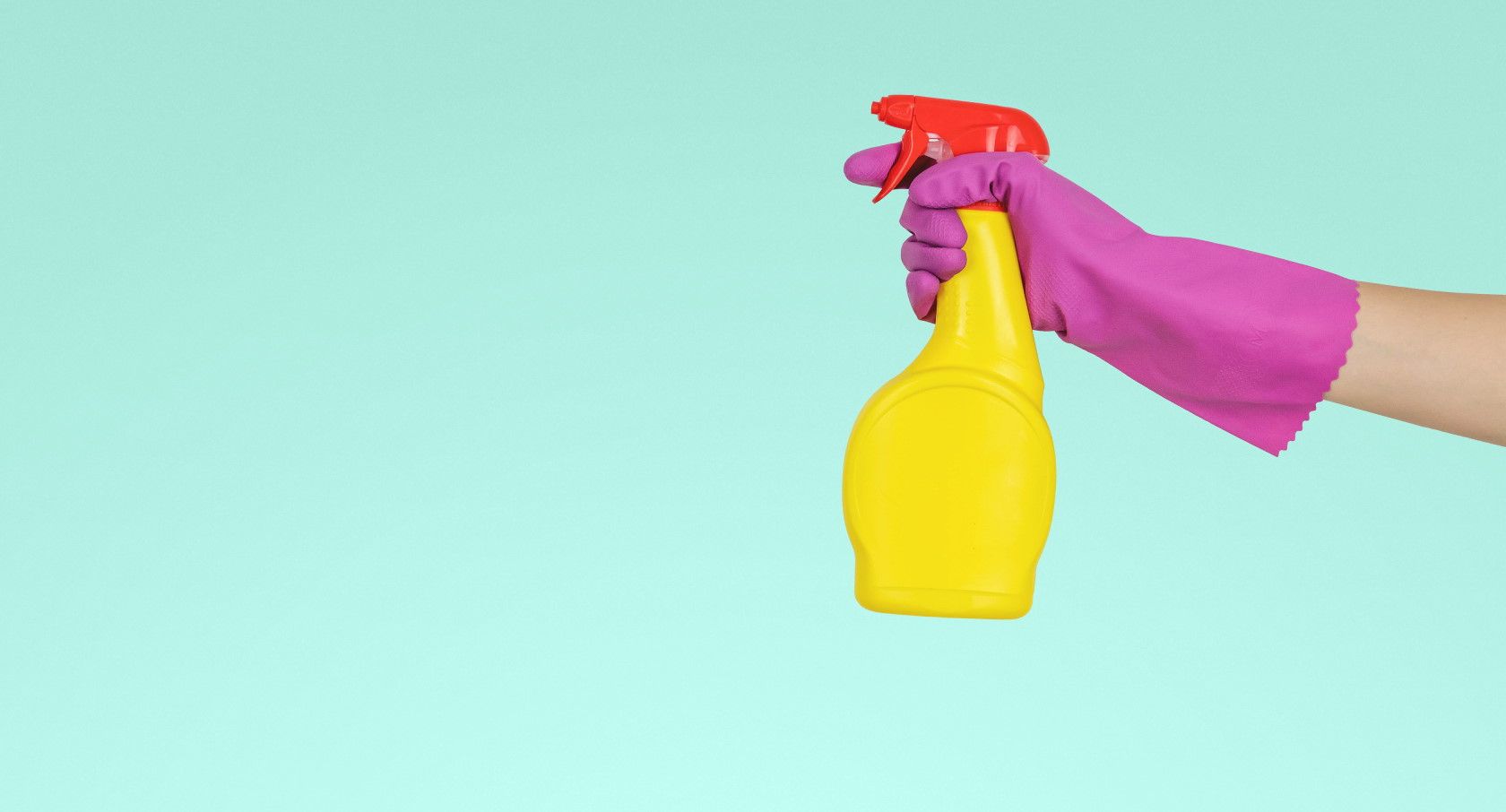 person wearing purple cleaning gloves and holding spray bottle