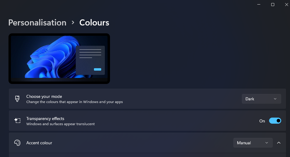 The Settings colors page 