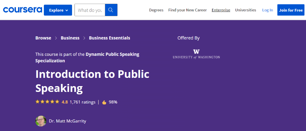 Cousera's introduction to public speaking course