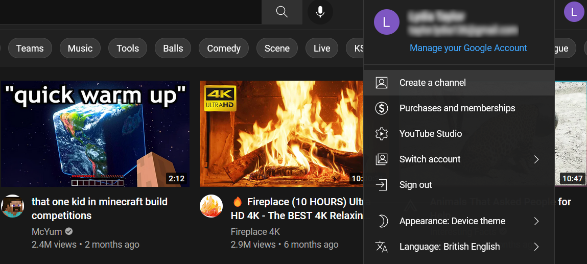 Create Channel Tab on YouTube Profile Menu