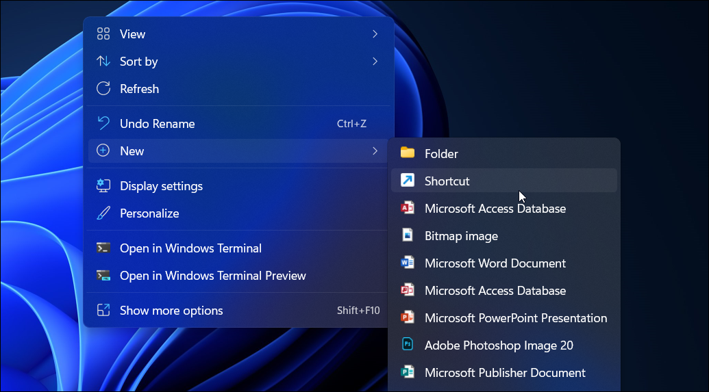 create shortcut desktop new