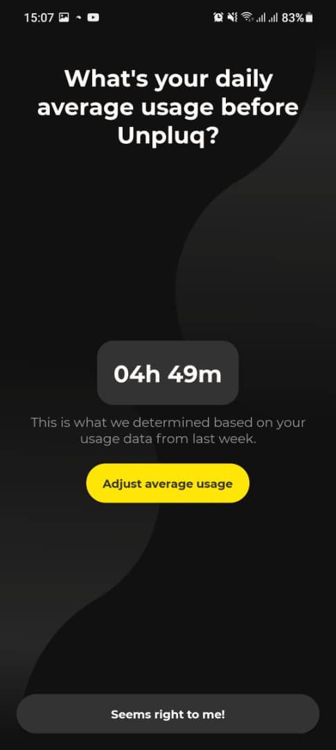 Screenshot of Unpluq's page asking daily average usage