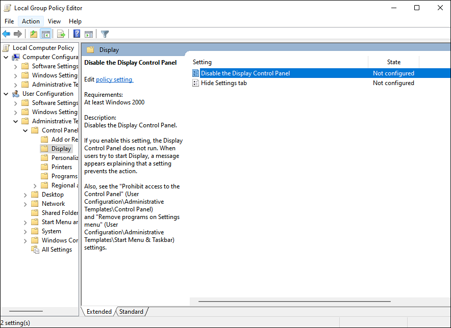 Disable control panel policy in the Group Policy Editor