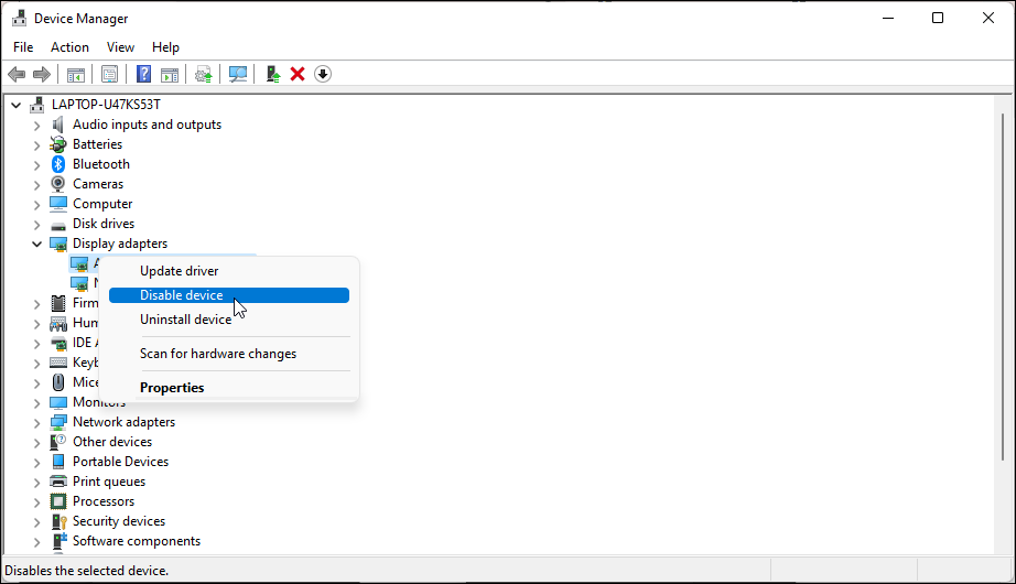 disable intel hd display adapter