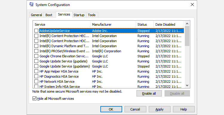 disabling services in msconfig