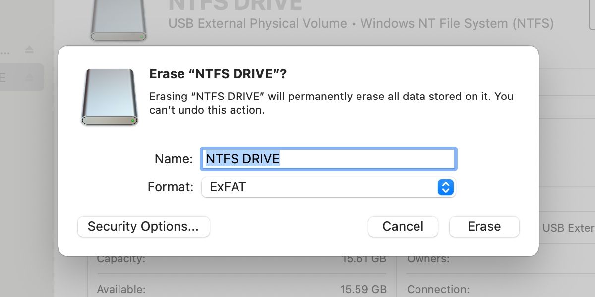 Disk Utility erase window with ExFAT format selected
