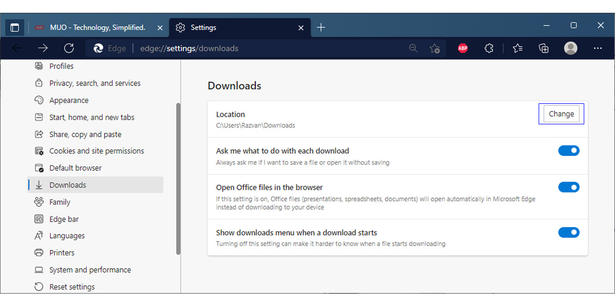 Download settings in Microsoft Edge.