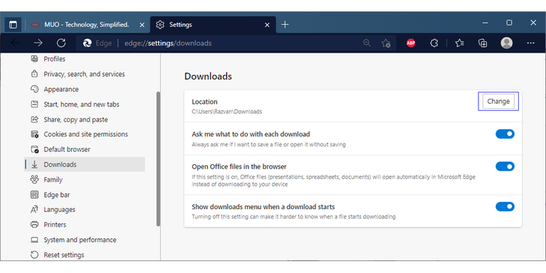 Unduh pengaturan di Microsoft Edge.