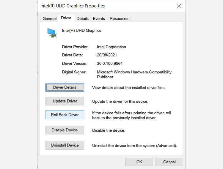 Driver properties window for intel display adapter in Windows