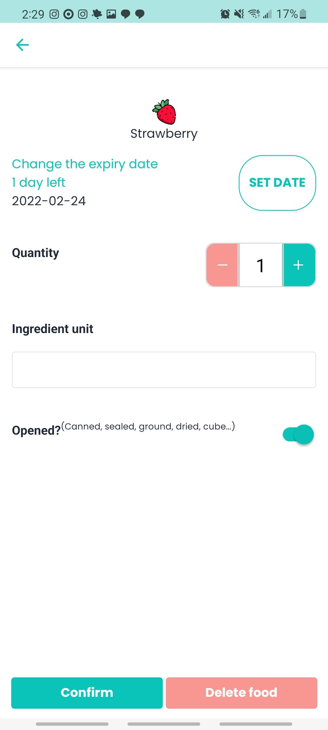 empty my fridge app changing the expiration date on a food item