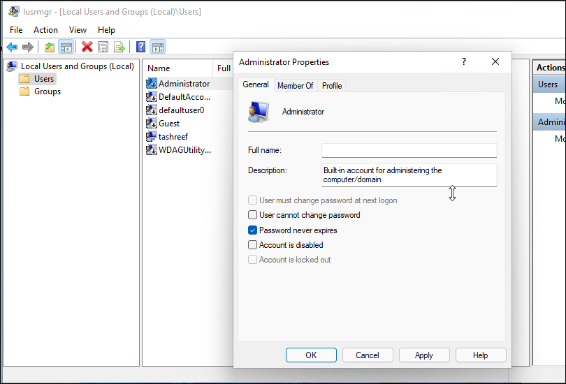 enable admin account local users and groups 1