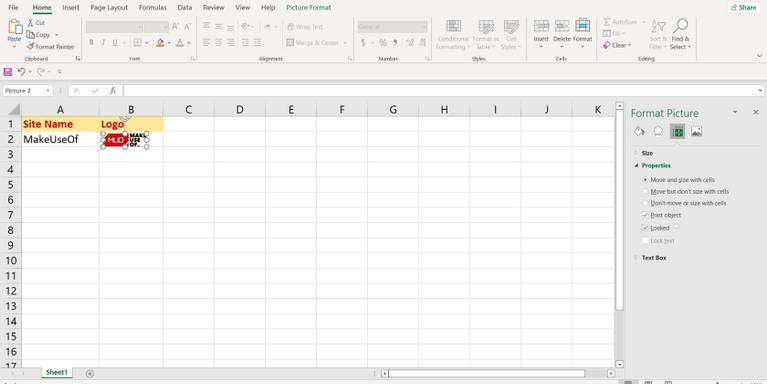 Gambar terkunci ke sel di Excel.