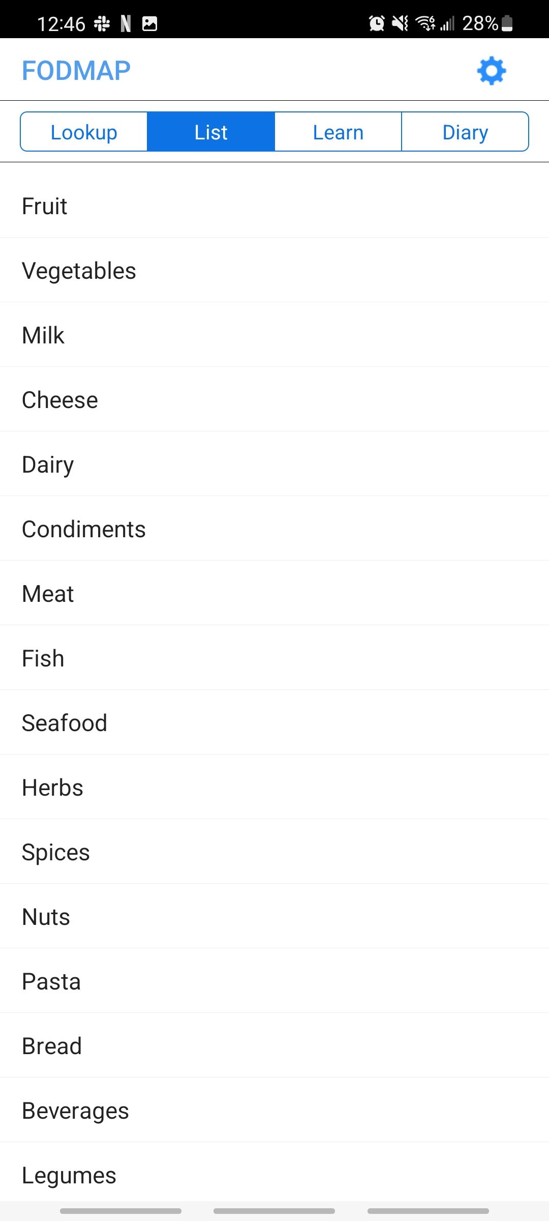 fast fodmap app displaying a list of food in larger categories