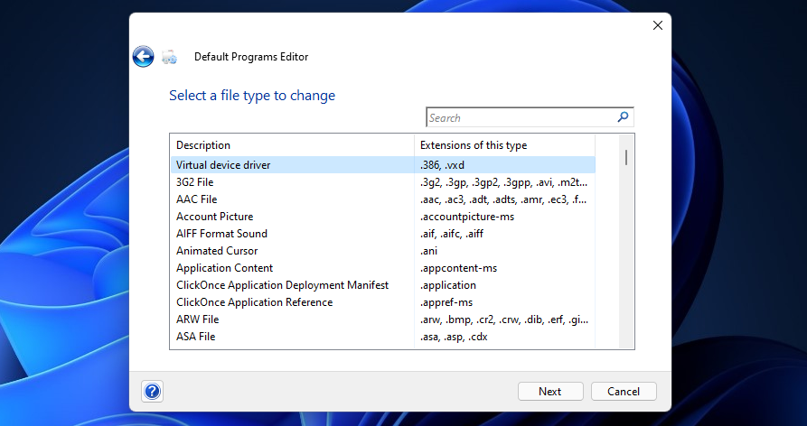 The file format list in Default Programs Editor 