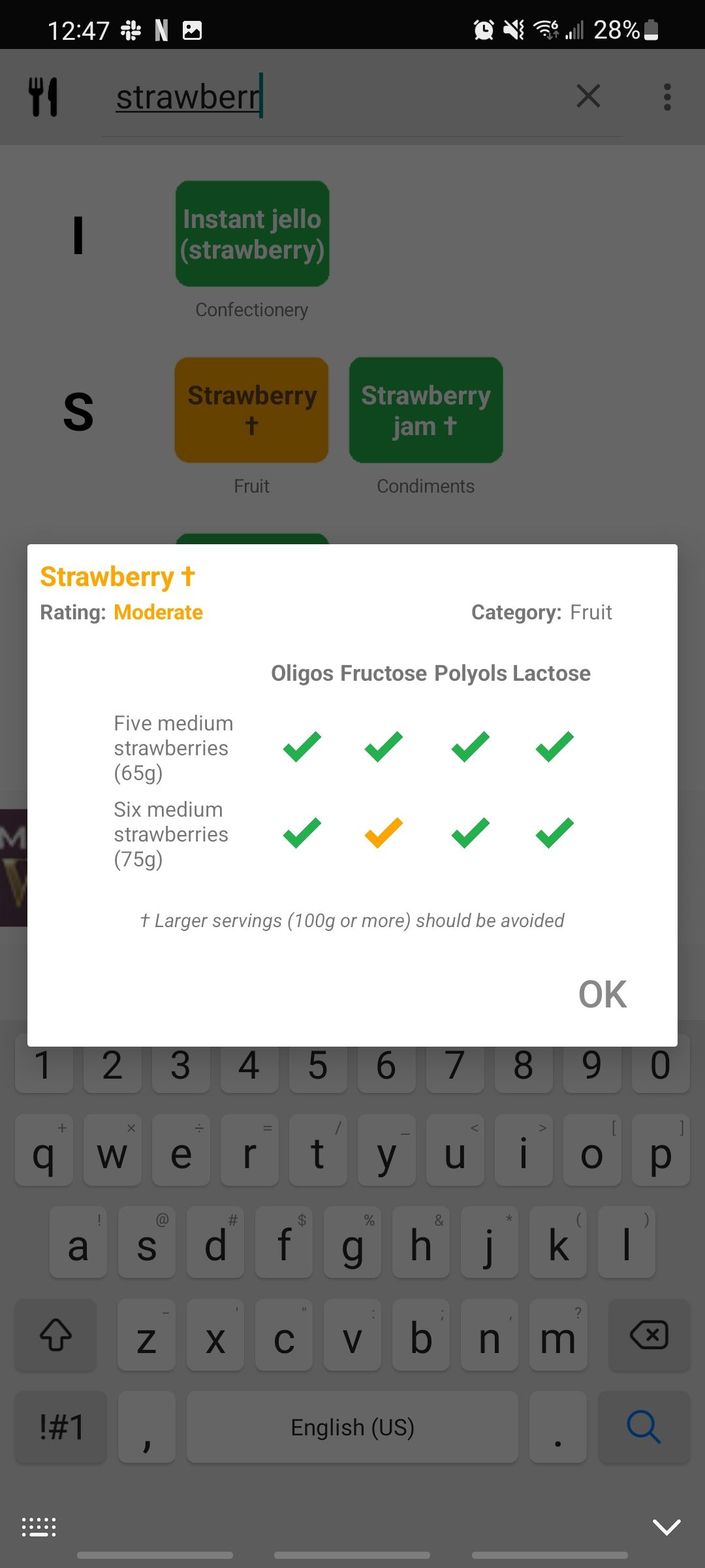 fodmap a to z app showing information about strawberries