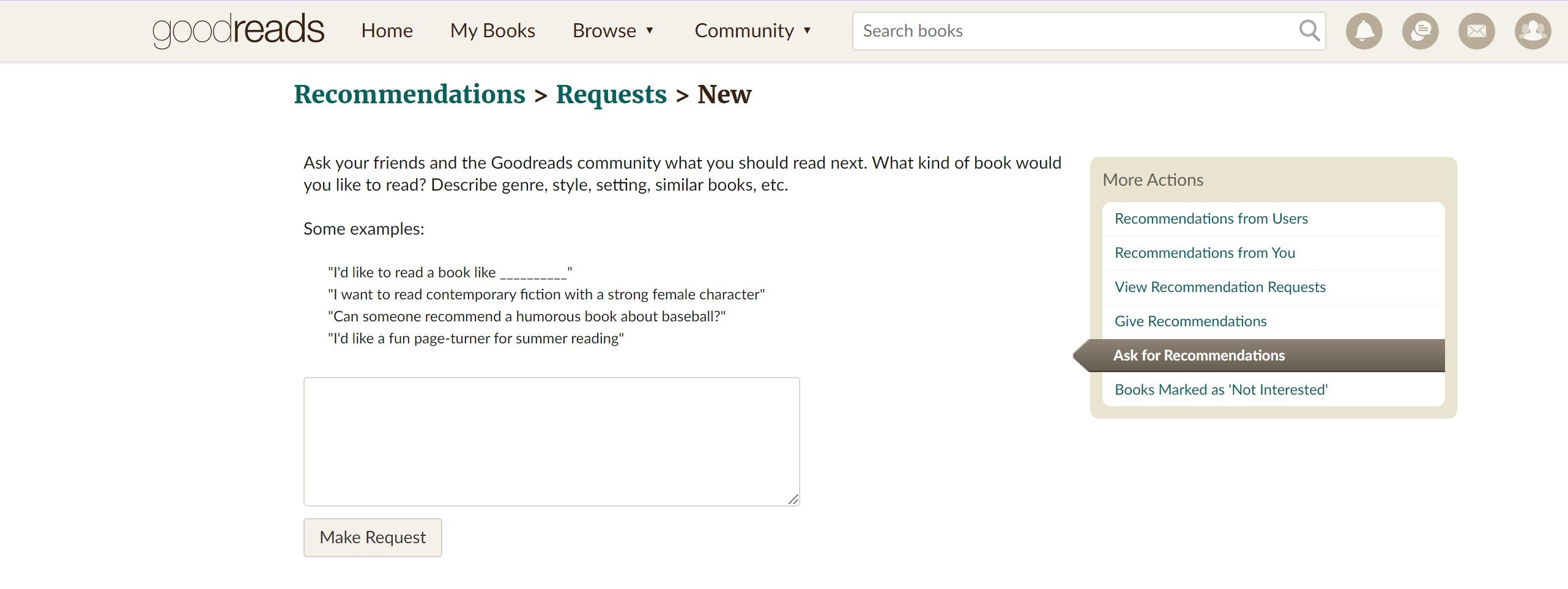 Goodreads's Ask for Recommendations page, showing a box where you can type in requests.