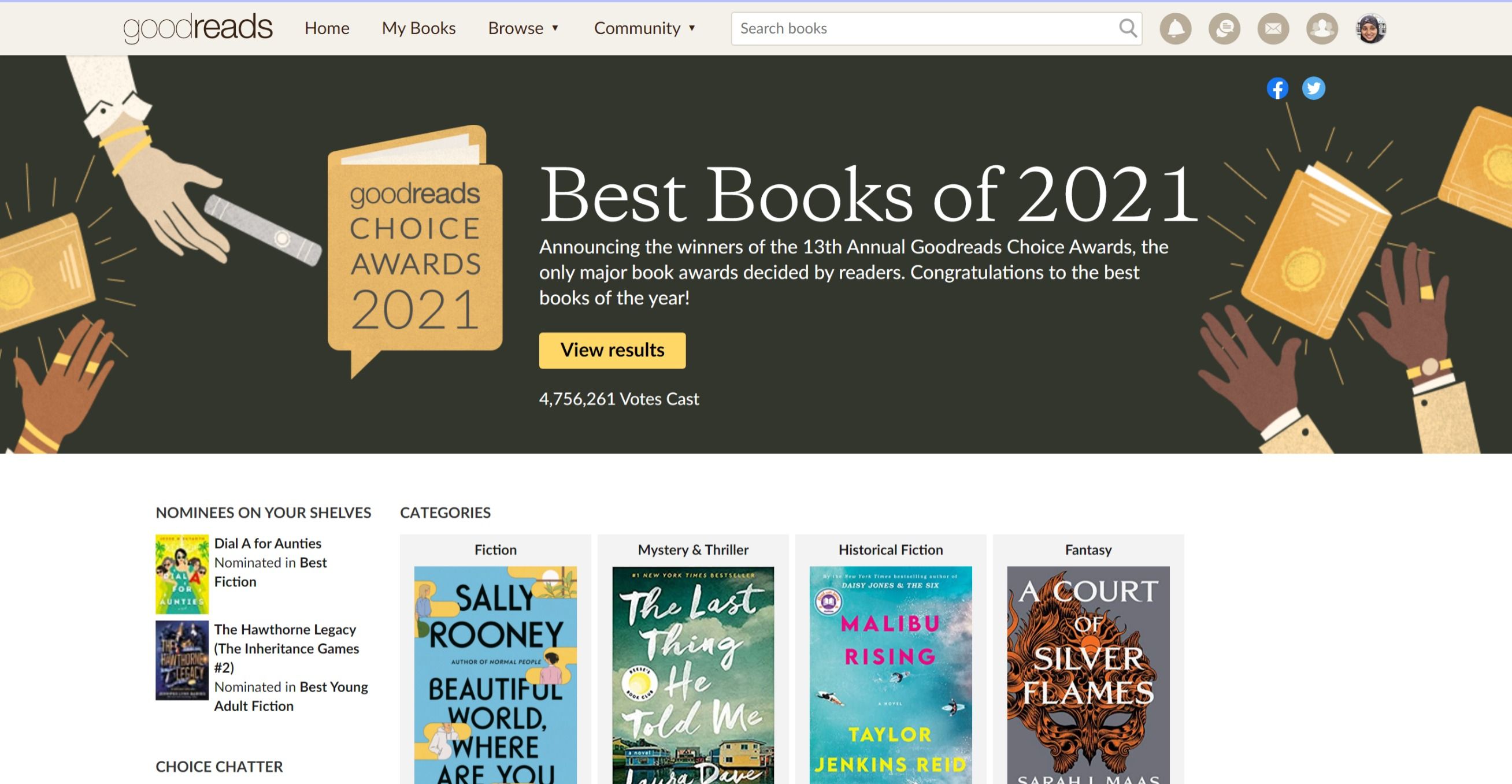 Page showing Goodreads Choice Awards selections