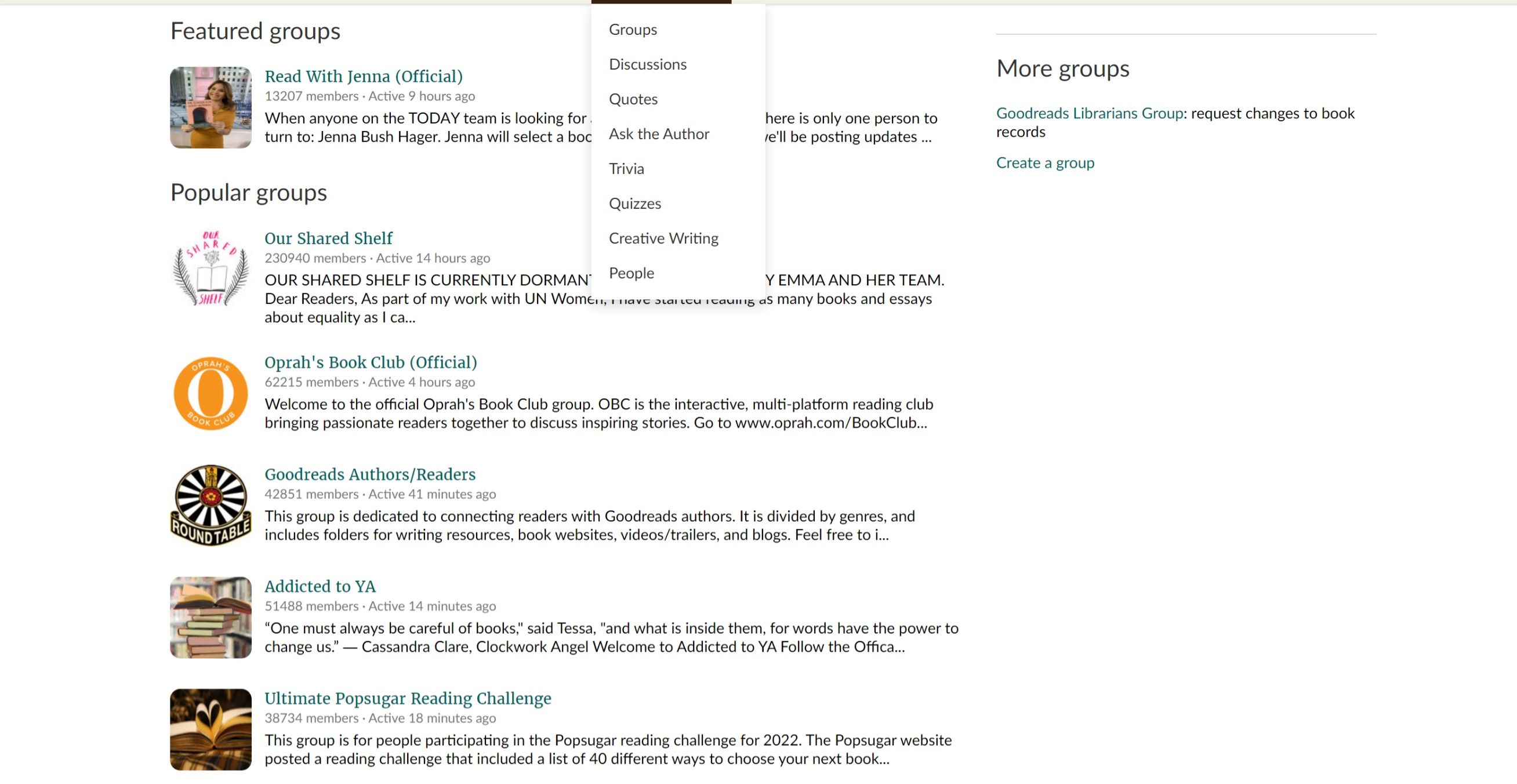 Goodreads community page, showing featured groups.