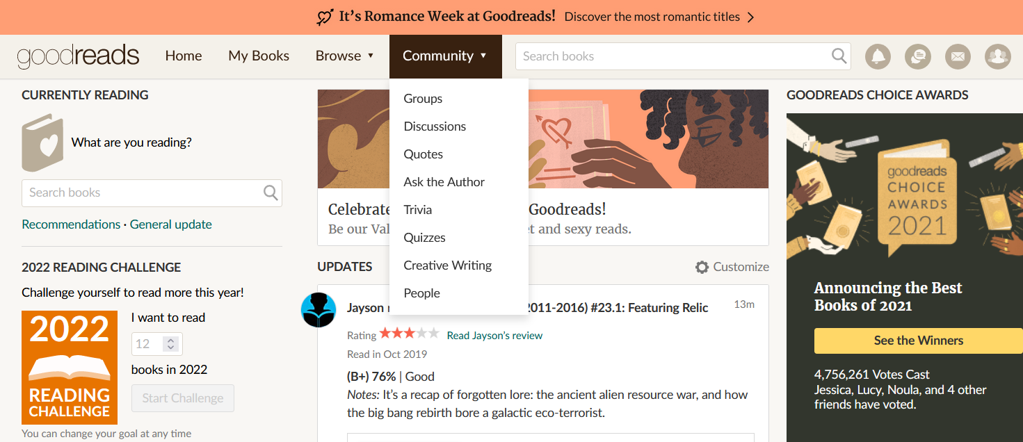 Goodreads Community Tab Options