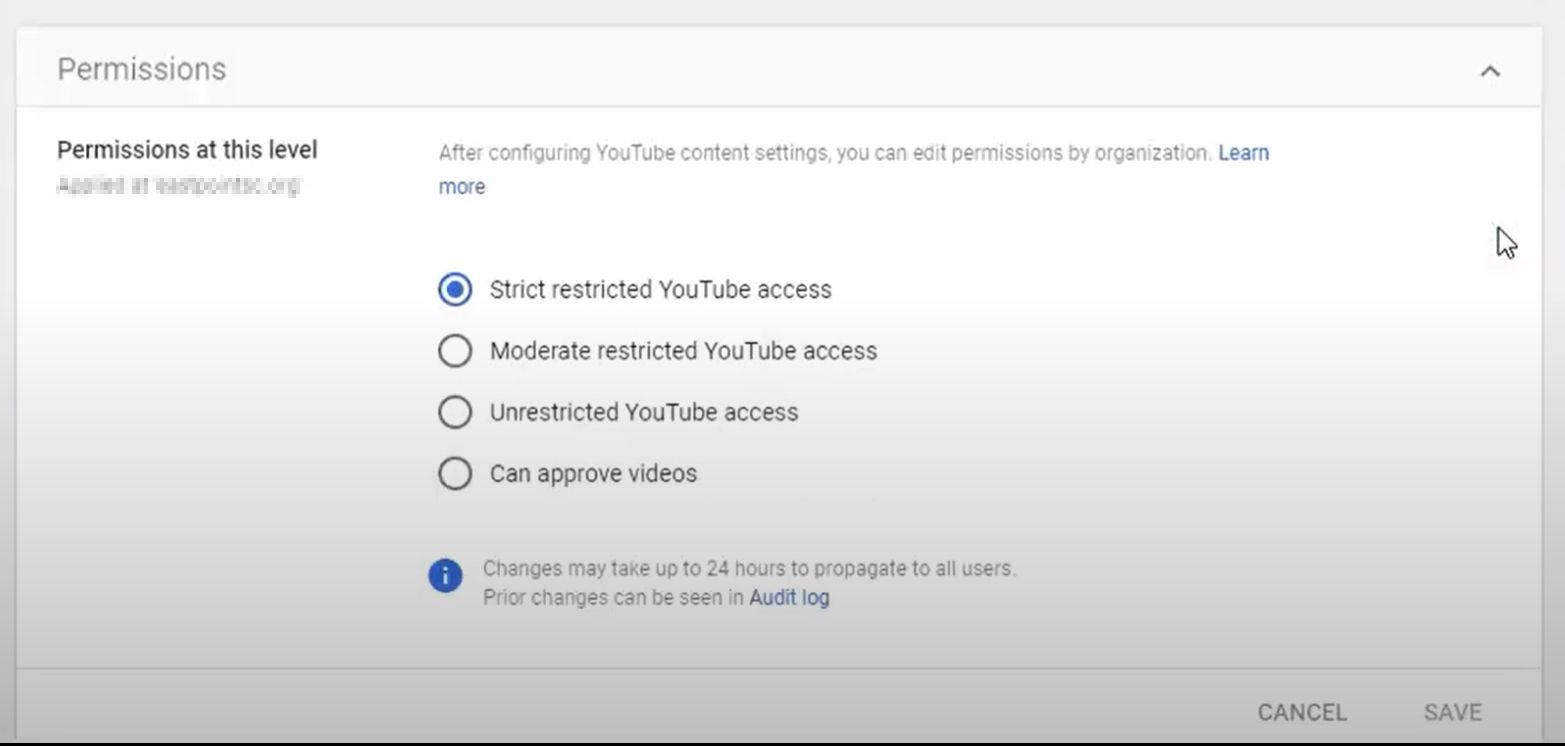 Google Admin console YouTube Restricted Mode settings.