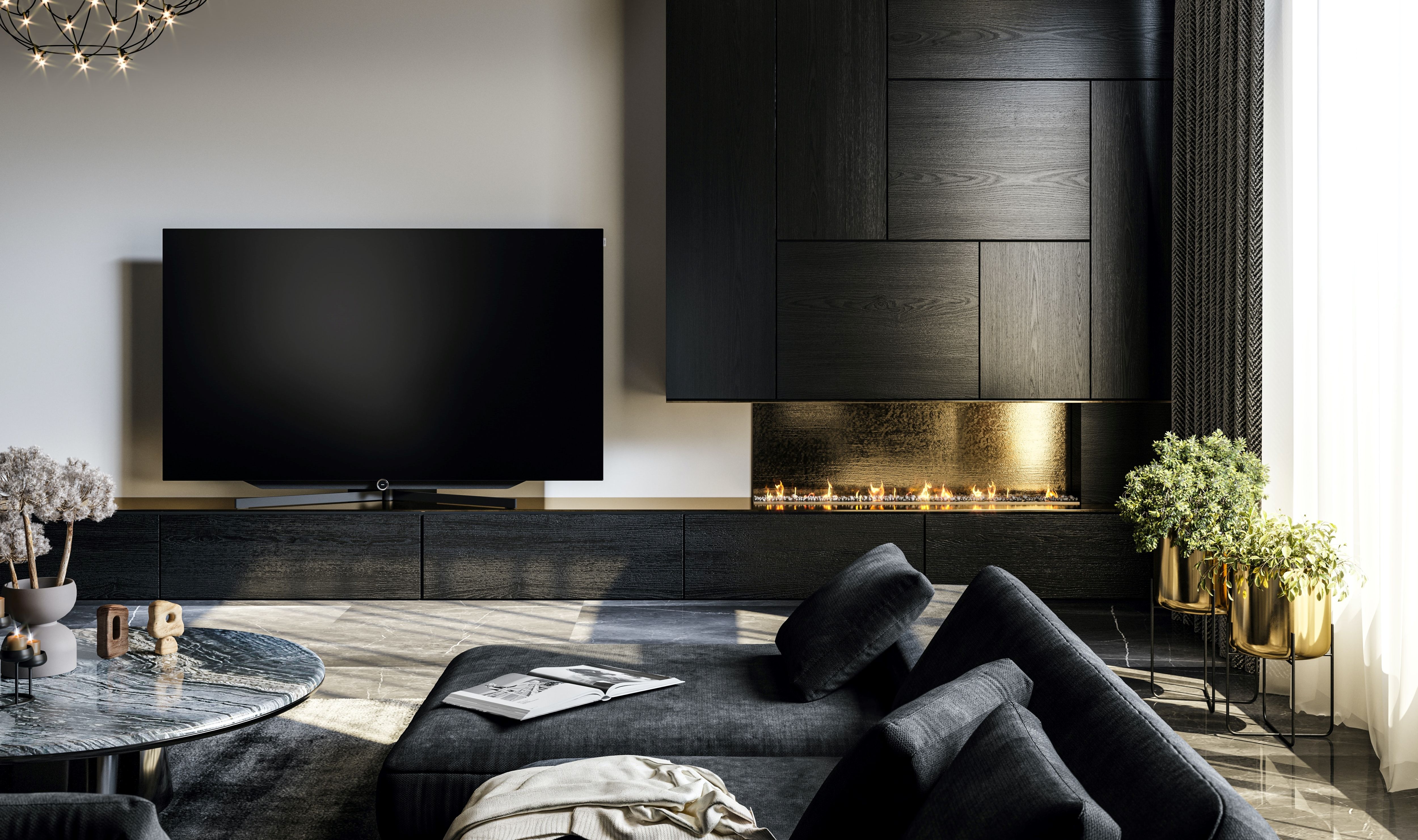 A home theater lighting arrangement with black panels.