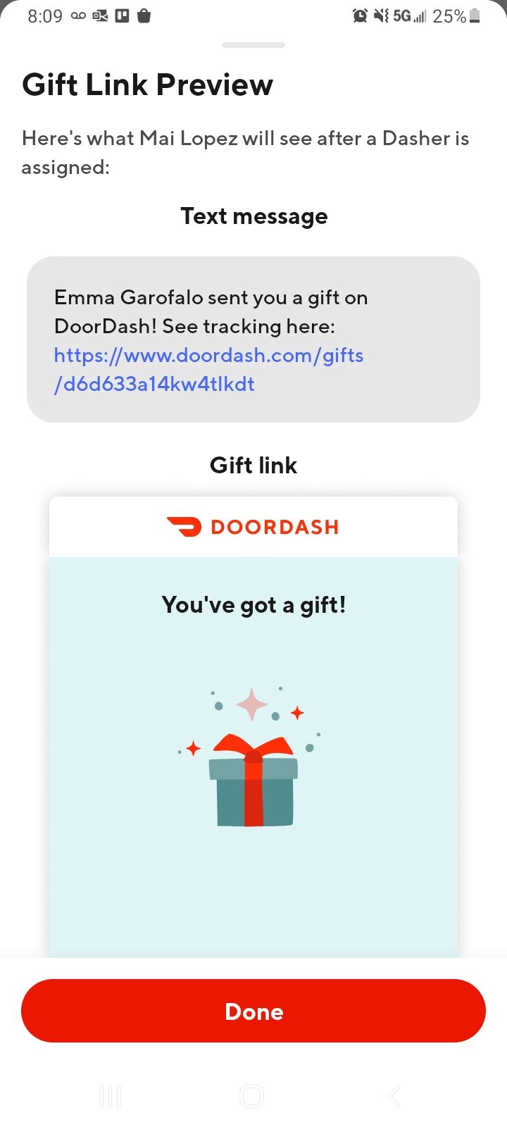 The virtual tracker for our DoorDash gift.