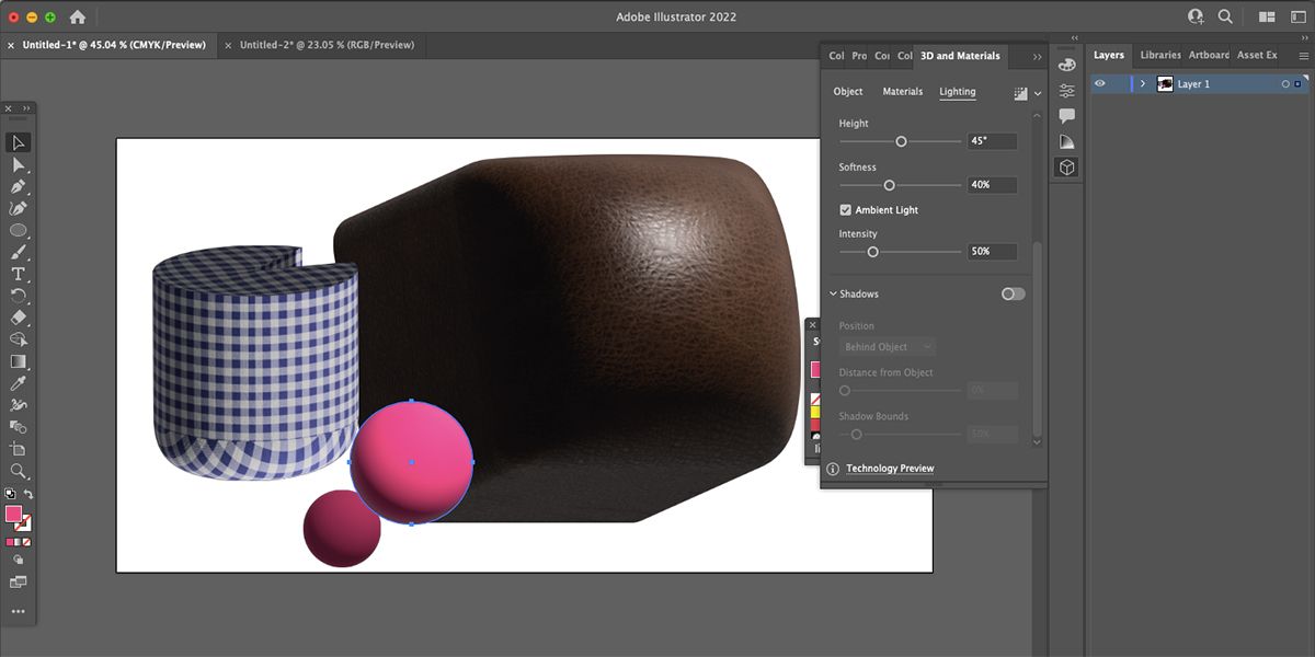 اسکرین شات ابزار Adobe Illustrator 3D و Materials را نشان می دهد