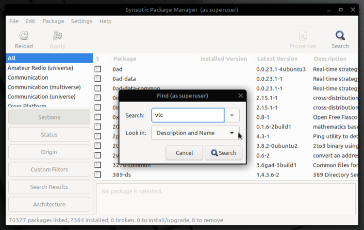 installing VLC on Linux using synaptic