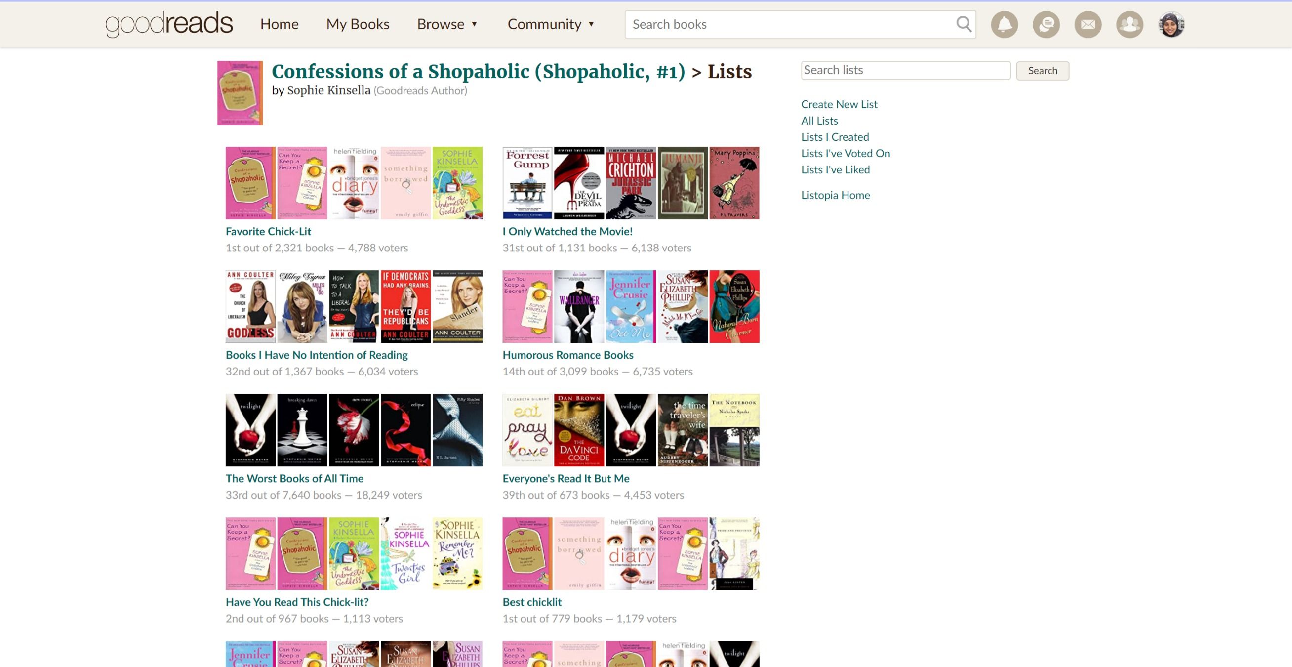 Page showing all the Goodreads lists of 'Confessions of a Shopaholic' by Sophie Kinsella