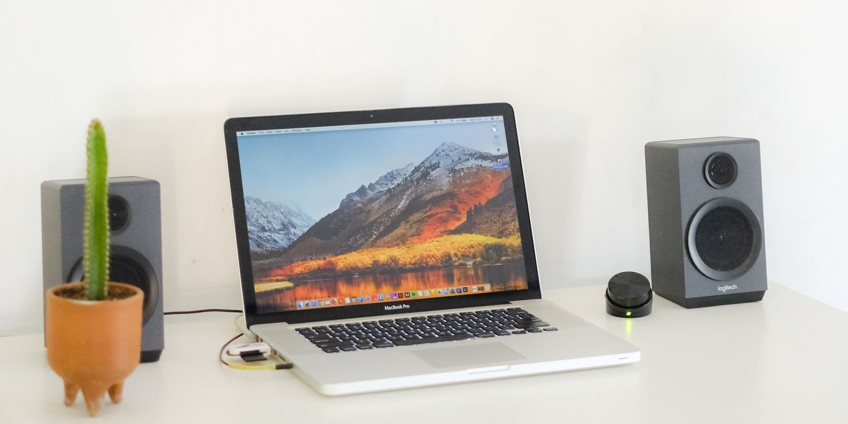 MacBook on desk with speakers and cactus