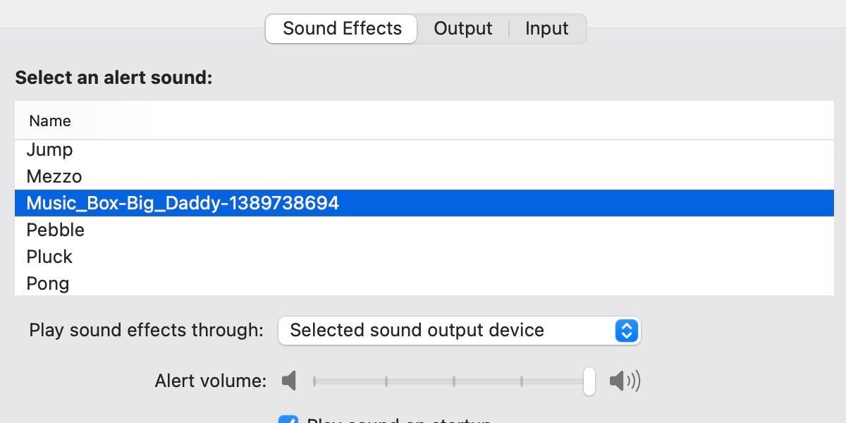macOS sound effects preferences with custom alert selected