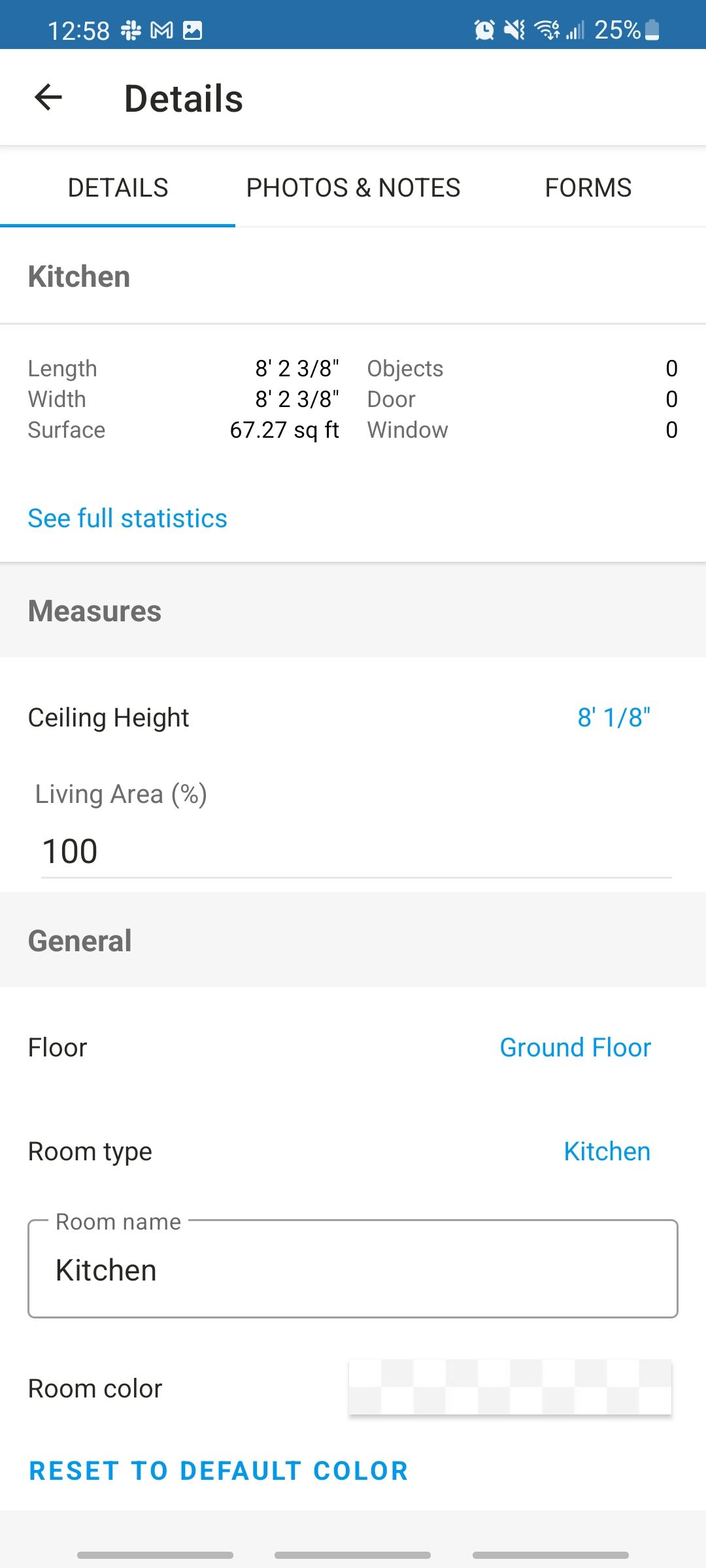 magicplan app details of a project, including room dimensions and ceiling height